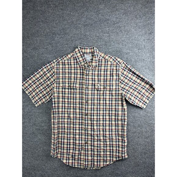 Carhartt Shirt Mens Medium Plaid Short Sleeve Button Up Beige Red Blue Pockets - Picture 1 of 5